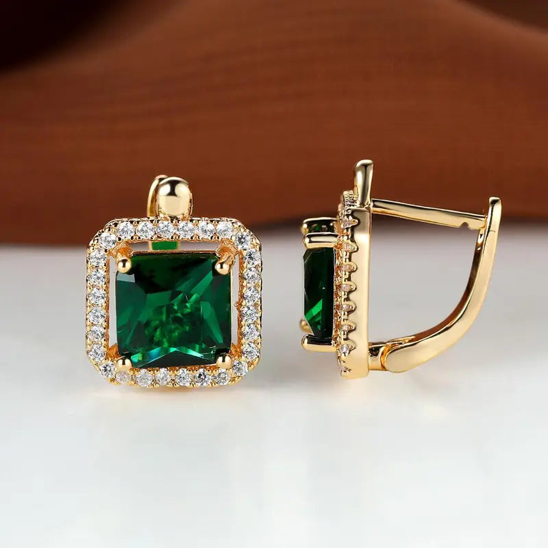 Square Zircon Earrings Green Gold - Gold