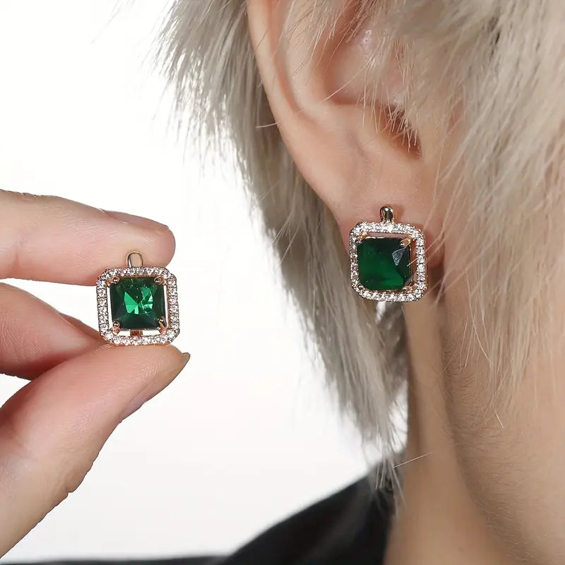Square Zircon Earrings Green Gold - Gold