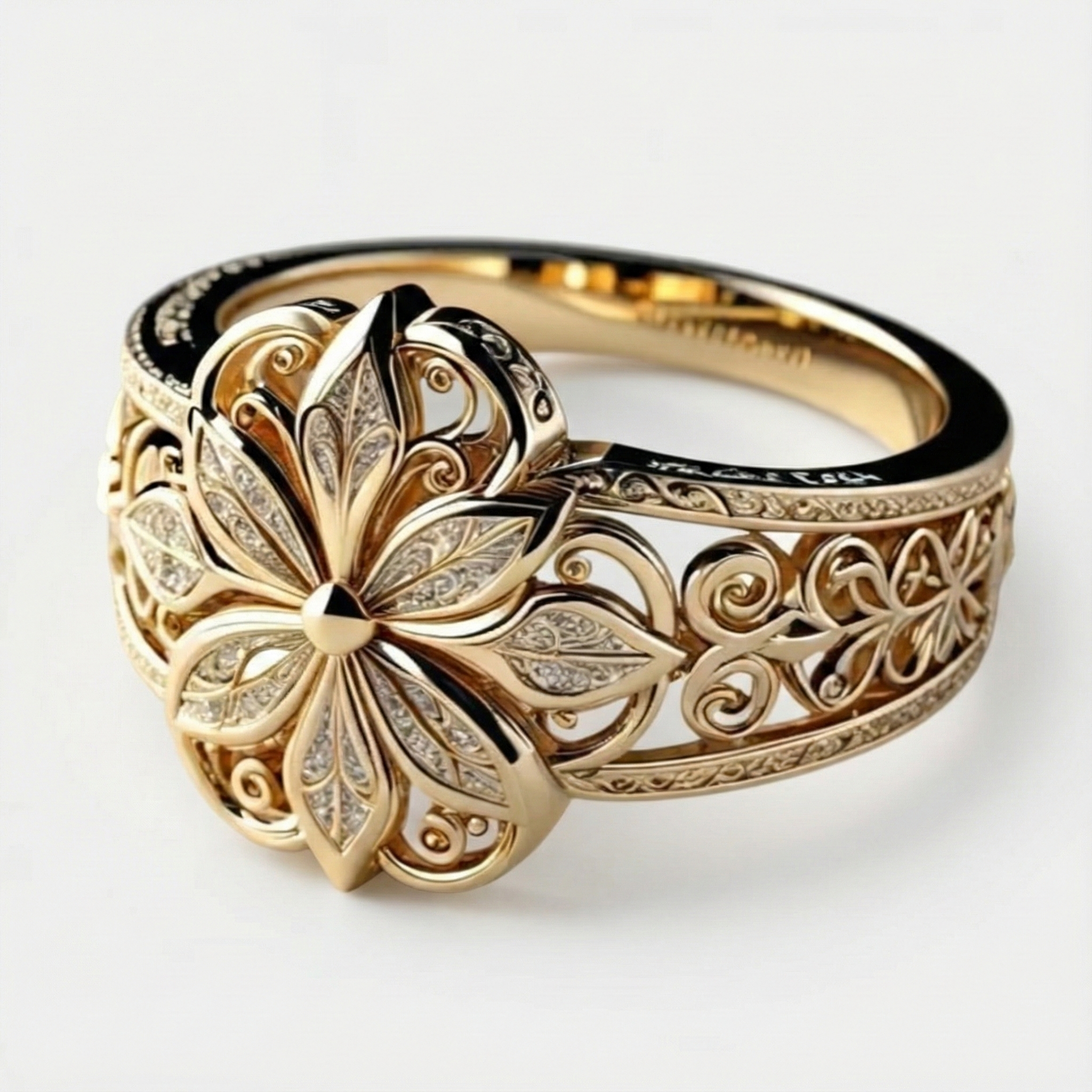 Daniella - Gold ring with exotic floral pattern of zircon